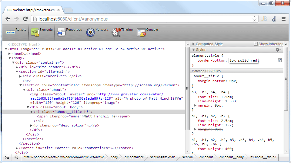 weinre web inspector interface on Windows