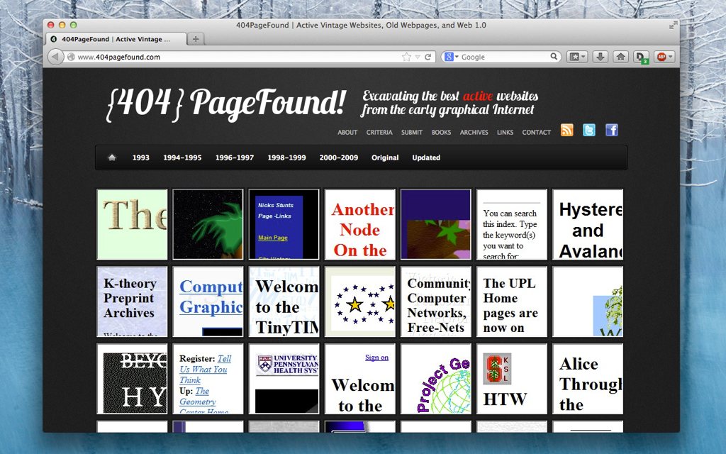 A screenshot of 404pagefound.com showing a grid of links to old websites
