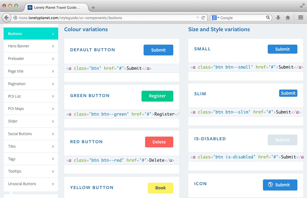 A screenshot of the web styleguide at Lonely Planet