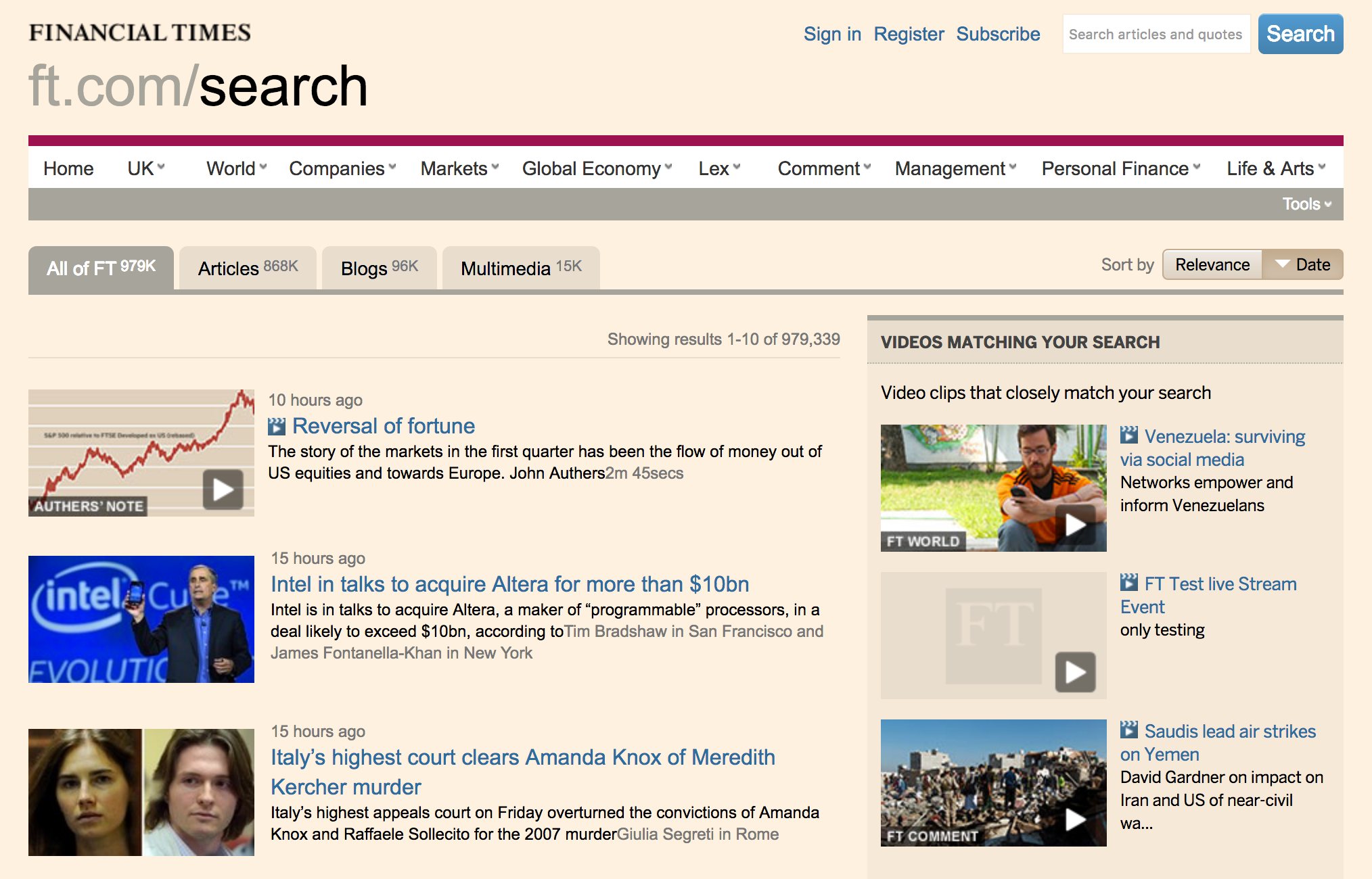 A screenshot of the old FT website search