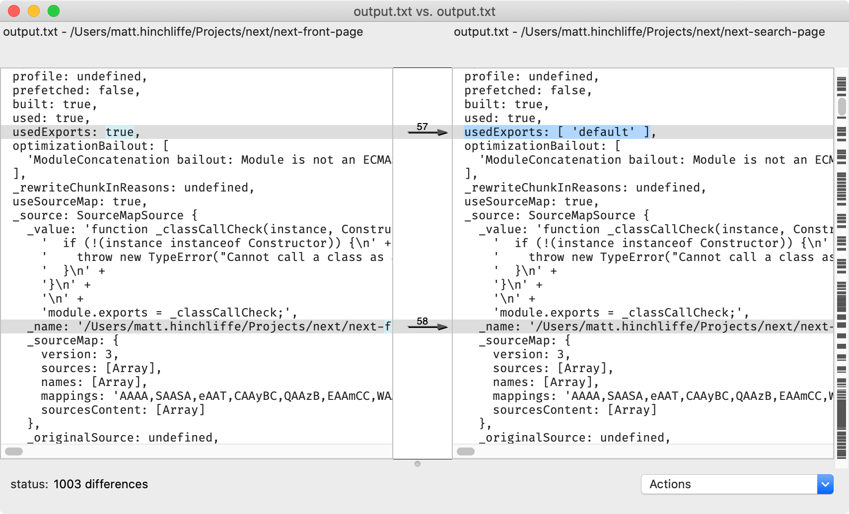 Screenshot of module log differences