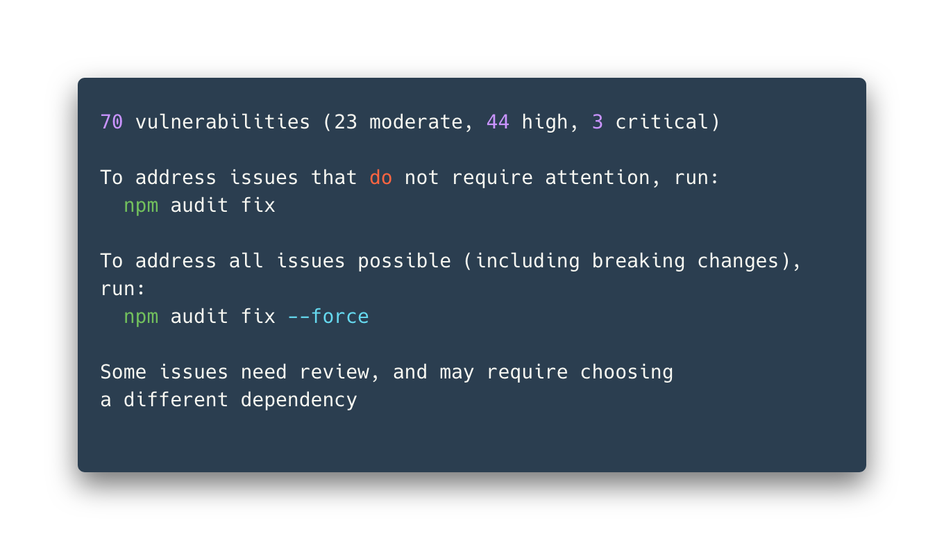Screenshot of a terminal showing npm audit fix output